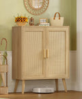 Rattan Style Storage Cabinet With Two Doors And Adjustable Shelves Deep Sideboard For Living Room Dining Room Or Entryway Natural Finish