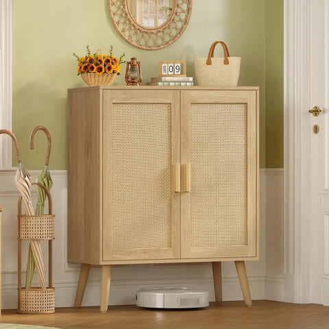 Rattan Style Storage Cabinet With Two Doors And Adjustable Shelves Deep Sideboard For Living Room Dining Room Or Entryway Natural Finish