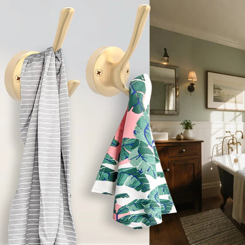 Gold Hat And Coat Hooks 4 Pack Heavy Duty Metal Wall Mounted Hangers in bathroom with towels, rust resistant zinc alloy, 40 lb capacity