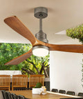 52 Inch Ceiling Fan With Light And Remote Control, 3 Blade Outdoor Wood Farmhouse Style Fan in patio setting, Vintage Nickel Finish