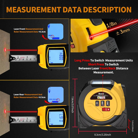 3 In 1 Laser Rangefinder Tape Measure With Digital LCD Readout Pro Grade 131 Ft Range 0.1 Inch Accuracy 16 Ft Steel Tape, front view