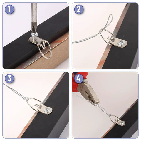 Step-by-step use of Picture Hanging Kit With 100 Feet Stainless Steel Braided Wire 20 D Ring Hangers 20 Screws And Aluminum Sleeves.