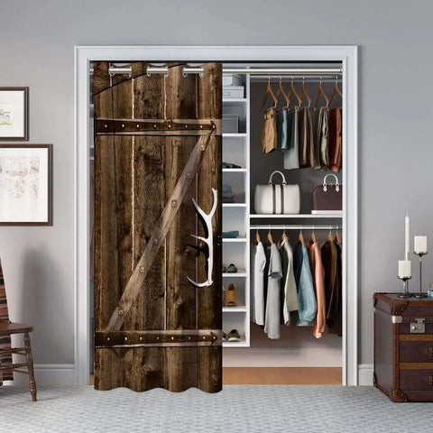 Rustic Barn Wood Door Curtains For Doorways With Grommets And Thermal Insulation Cozy Privacy Blackout Curtain For Kids Bedroom And Closet Room Divider 34W X 80L installed in bedroom closet door