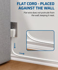 Two Pack 6 Foot White Extension Cords With Three Outlets 16/3 Gauge ETL Listed Flat Plug Grounded Great For Lamps Computers Monitors Fans And Other Small Appliances flat cord placed against wall