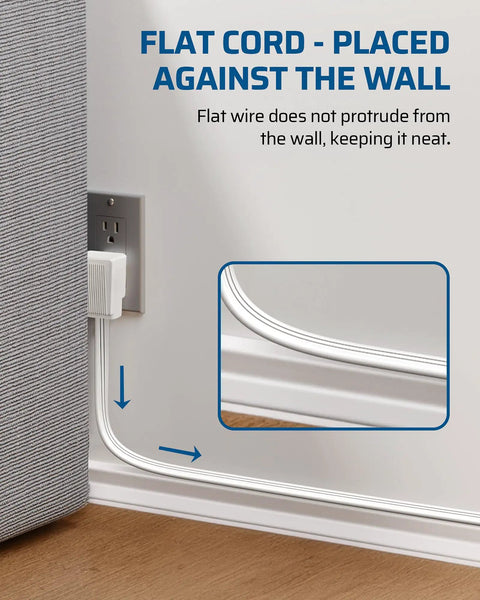 Two Pack 6 Foot White Extension Cords With Three Outlets 16/3 Gauge ETL Listed Flat Plug Grounded Great For Lamps Computers Monitors Fans And Other Small Appliances flat cord placed against wall