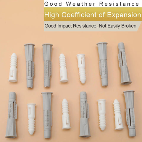 Grey and white plastic wall anchors in varying sizes displayed on a beige background with text highlighting features.