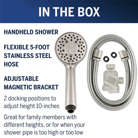 Magnetic Adjustable Height Handheld Shower Head With Dual Dock 5 Foot Metal Hose PowerPulse Massage Brushed Nickel Finish