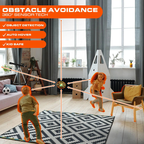 Children playing with Scoot Skeet Mini Drone Shooting Game For Kids Drone Only Hand Drones indoors with obstacle avoidance.