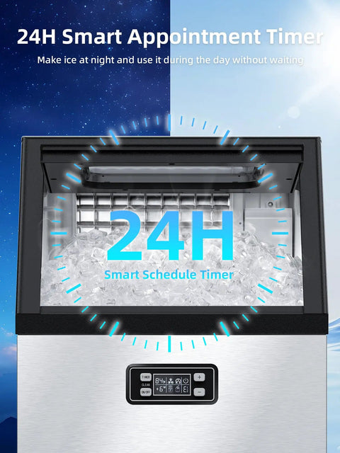 Ice Maker Machine That Cranks Out 100 Lbs Per Day, Stainless Steel Undercounter With 33 Lbs Storage, front view with timer
