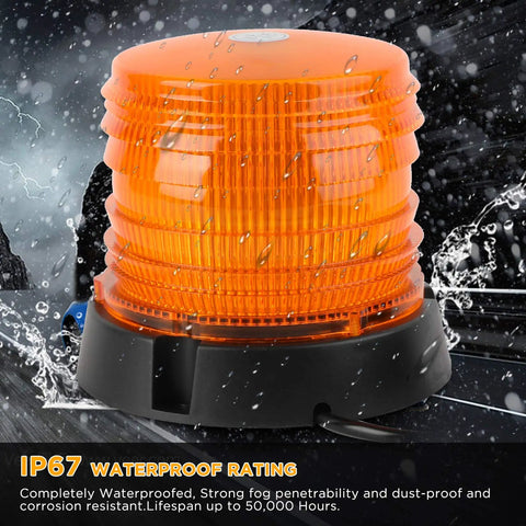 Close-up of Two Pack 60 LED Amber Warning Beacon Lights with Magnetic Base, IP67 waterproof rating, highlighting durability