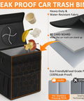 Open black back seat hanging car trash can with lid and PEVA liner, showcasing leak proof automotive garbage bin for truck SUV.