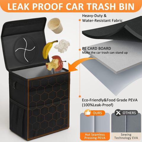 Open black back seat hanging car trash can with lid and PEVA liner, showcasing leak proof automotive garbage bin for truck SUV.