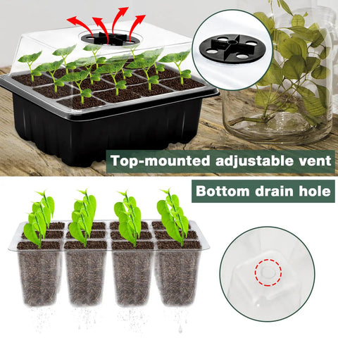 Six Pack Seed Starter Trays With 90 Coco Coir Pellets Adjustable Humidity Germination Tray showing vents and drain holes