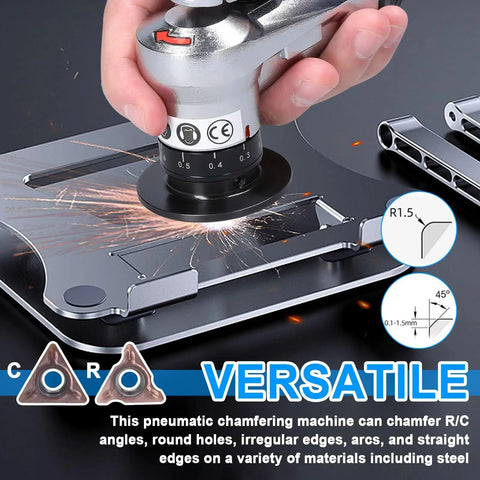Handheld Pneumatic Chamfering Tool For Metal in use, beveling steel edges with sparks, showcasing versatile corner deburring.