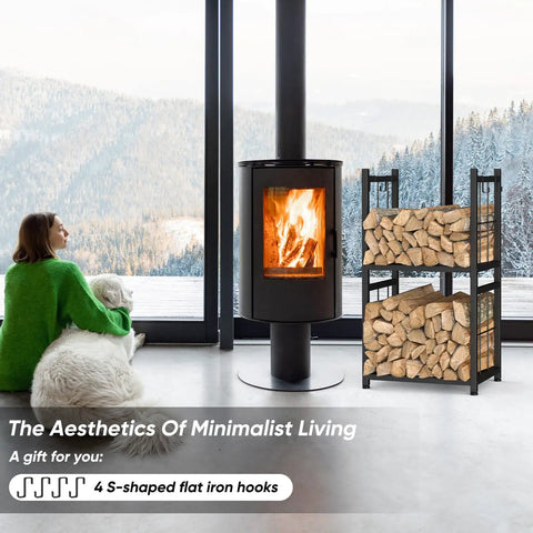 Two Tier Indoor And Outdoor Firewood Rack Portable Heavy Duty Easy To Assemble With Four Hooks by fireplace with logs