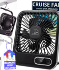 Slick Portable Cruise Fan With Tight Grip Magnetic Mount For Cabin Walls Or Ceiling, 4000 Mah Battery, Usb Rechargeable, Five Adjustable Speeds, Smart Timer And Clean White Noise, showing versatile mounting options and USB charger.