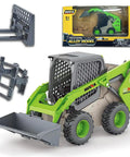 Three In One Skid Steer Loader Construction Toys Set One Fifty Scale Diecast Site Loader With Metal Forklift And Grab Shovel For Kids Ages Eight To Twelve Green Kid Friendly Built Tough with packaging and attachments.