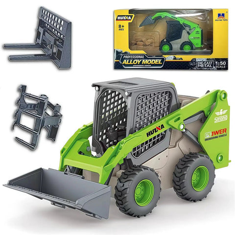 Three In One Skid Steer Loader Construction Toys Set One Fifty Scale Diecast Site Loader With Metal Forklift And Grab Shovel For Kids Ages Eight To Twelve Green Kid Friendly Built Tough with packaging and attachments.