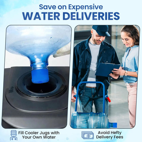 Close-up of blue spill proof cap on water jug with two people discussing delivery options