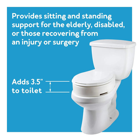 Hinged Round Raised Toilet Seat Riser With 3.5 Inch Lift, 300 Lb Capacity shown on standard toilet, slip resistant, easy clean.