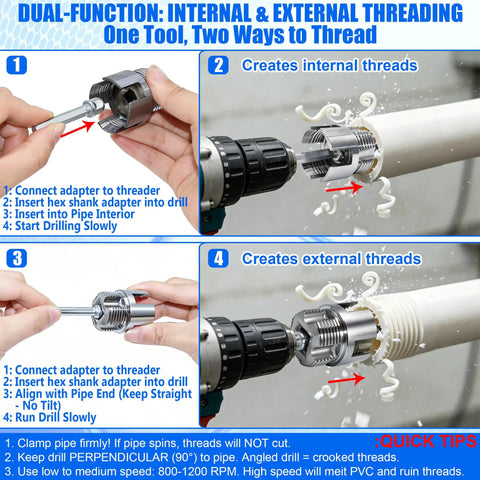 DIY PVC Pipe Threader Set One Half Three Quarter One Inch Internal External Threading Tool with drill creating threads