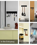 Wall Mounted Key Rack With Six Heavy Duty Hooks For Hallway Or Entryway Self Adhesive Metal Key Holder In Matte Black displayed in various rooms