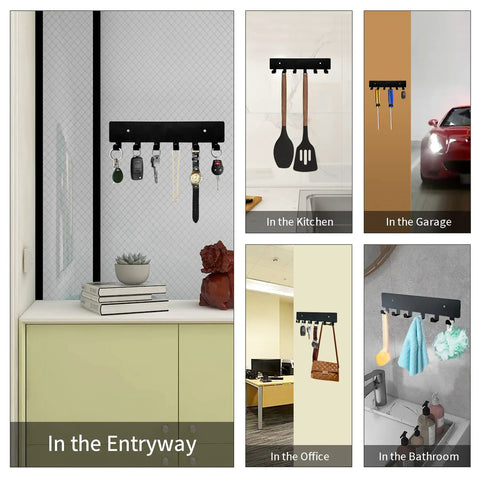 Wall Mounted Key Rack With Six Heavy Duty Hooks For Hallway Or Entryway Self Adhesive Metal Key Holder In Matte Black displayed in various rooms