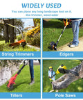 Collage showing a variety of landscape tools including string trimmers, edgers, tillers, and pole saws in use.