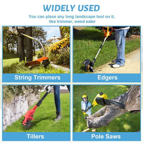 Collage showing a variety of landscape tools including string trimmers, edgers, tillers, and pole saws in use.