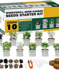 10 Herb Seeds Garden Starter Kit With White Pots Markers Soil Discs Watering Bottle Herb Clipper Mini Pruner And Complete Indoor Kitchen Herb Garden Set For Easy No Fuss DIY Growing, displaying components and herbs.
