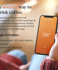 Slick App Controlled 14 Oz Smart Heated Coffee Mug With Rechargeable Base And Glow Led Display Keeps Your Joe Piping Hot From First Sip To Final Drop Certified Renewed For Daily Grind showing temperature set on smartphone.