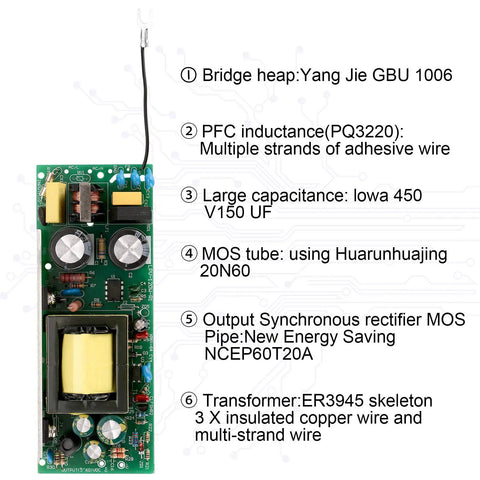 Internal view of Heavy Duty 100W 12V DC LED Driver Power Supply with labeled components, showing circuit board and wiring.