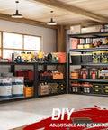 Garage with Heavy Duty 2250 Lb 5 Tier Garage Storage Shelves With Adjustable Metal Utility Rack holding tools and supplies