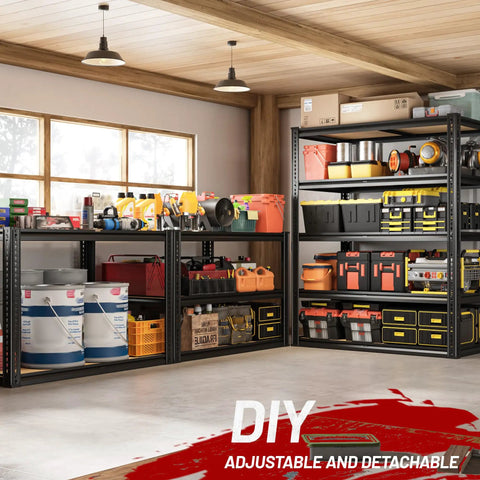 Garage with Heavy Duty 2250 Lb 5 Tier Garage Storage Shelves With Adjustable Metal Utility Rack holding tools and supplies