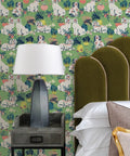 Jade Good Dog Peel And Stick Wallpaper By Printfresh Collab Removable Dope Green Garden Scene With Ceramic Dog Statues Easy Install