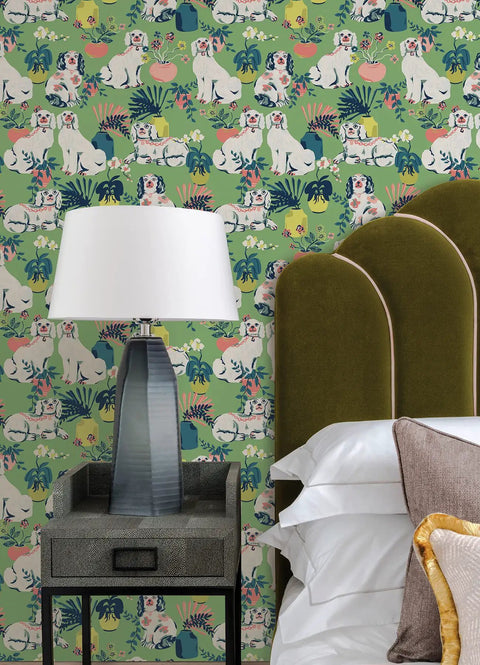 Jade Good Dog Peel And Stick Wallpaper By Printfresh Collab Removable Dope Green Garden Scene With Ceramic Dog Statues Easy Install