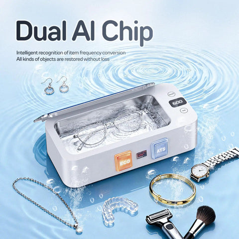 Triple Frequency Ultrasonic Jewelry Cleaner With 50KHz 55KHz 60KHz Modes, 17oz Stainless Tank; glasses, jewelry, watch shown.