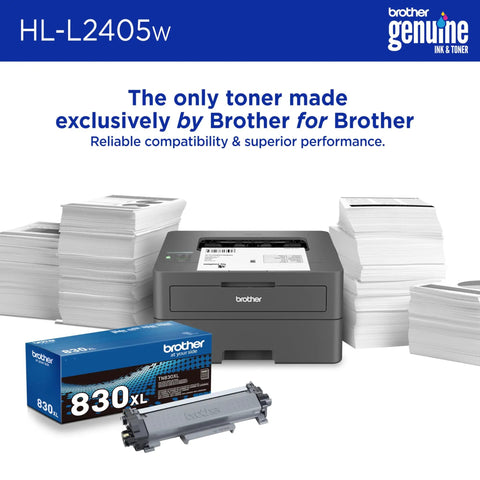 Brother HL-L2405w laser printer with genuine Brother toner and 830XL cartridge displayed