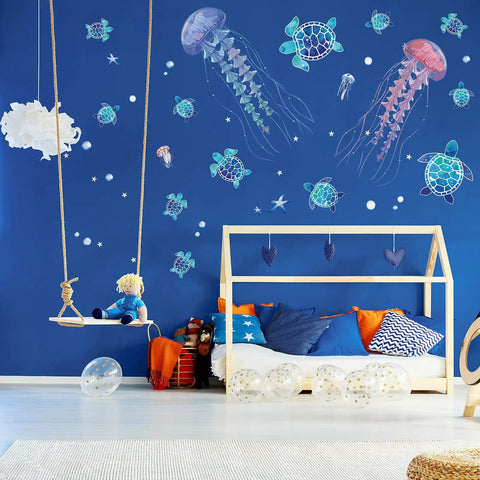 Three Sheets Ocean Wall Decals Set With Jellyfish And Sea Turtle Stickers Plus Ocean Seaweed Vinyl Wall Decor For Kids Nursery Bathroom Bedroom Removable Gift Idea