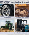 Steel Vision scenarios for truck wheels, excavator drive wheels, agricultural machinery, and forklift maintenance