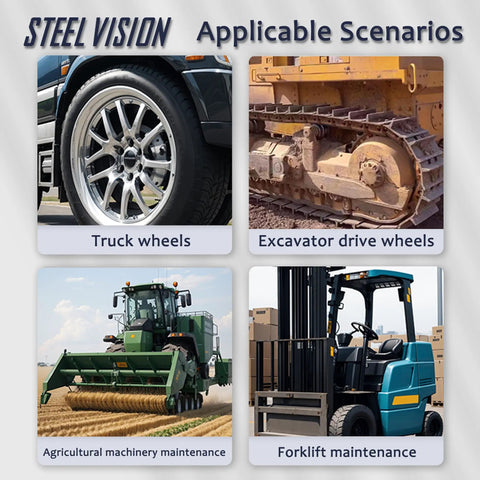 Steel Vision scenarios for truck wheels, excavator drive wheels, agricultural machinery, and forklift maintenance