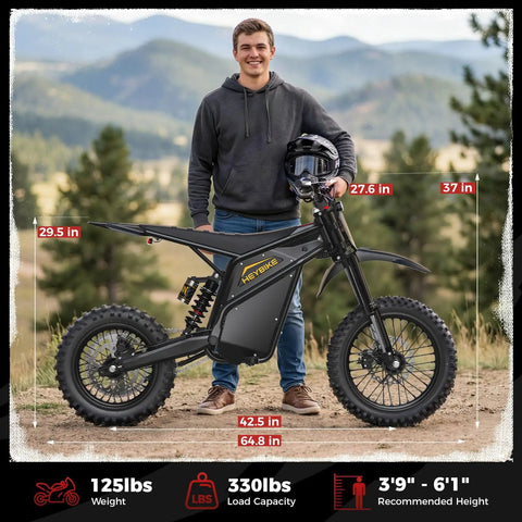 Dual Pack Off Road Beast Mode Electric Dirt Bike With 4160W Mid Drive Motor And 52V 26Ah Battery Rocking 14 Inch Fat Tires and rider on trail.