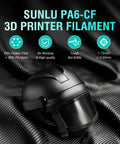 Carbon Fiber Reinforced Nylon Filament PA6-CF 1.75mm 1kg For Industrial Parts, helmet on textured fabric, frosted black style, no warping.