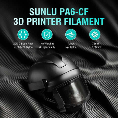 Carbon Fiber Reinforced Nylon Filament PA6-CF 1.75mm 1kg For Industrial Parts, helmet on textured fabric, frosted black style, no warping.