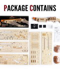 3D Wooden Puzzle Rubber Band Gun Kit For Adults And Teens Buildable Toy Shotgun Model, Challenging Wood Craft Project, Dope Hobby For Men And Women, Quick 1.5 Hour Assembly And Firing Action. package contents with laser-cut plywood parts, rubber bands, and instructions