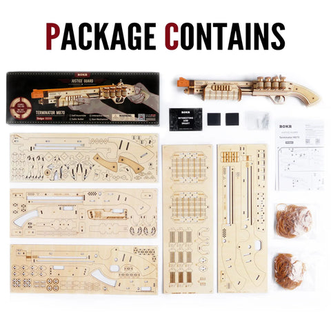 3D Wooden Puzzle Rubber Band Gun Kit For Adults And Teens Buildable Toy Shotgun Model, Challenging Wood Craft Project, Dope Hobby For Men And Women, Quick 1.5 Hour Assembly And Firing Action. package contents with laser-cut plywood parts, rubber bands, and instructions