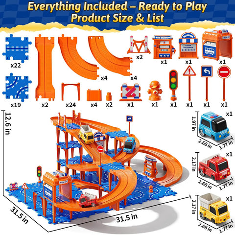 4 Tier Race Track Puzzle Set With 3 Cars For Kids Ages 3 To 8, Hands On Educational Floor Car Game With 96 Accessories, Unassembled