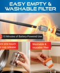 Cordless Handheld Vacuum With 3-Foot Telescoping Wand showing quick dust cup release and washable filter