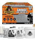 Two Part Epoxy Garage Floor Coating Kit Delivers Kickass Chemical Resistance And Showroom Shine Covering 550 Square Feet For Tough Basements And Heavy Duty Workshop Floors with packaging and contents.
