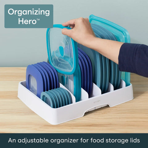 Big Kitchen Cabinet Lid Organizer With Five Adjustable Dividers Gonna Keep Your Pantry Straight No Sweat Sorting Tray For Food Containers Slick Kitchen Helper White with teal lids.